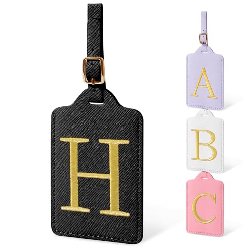 Image of Initial Luggage Tags for Suitcases, Cute Embroidered Letter Luggage Bag Suitcase Identifier Name Baggage Tag, PU Leather Travel Luggage Tags, Bag Tags for Men Women Kids Luggage Handbags(Black H)