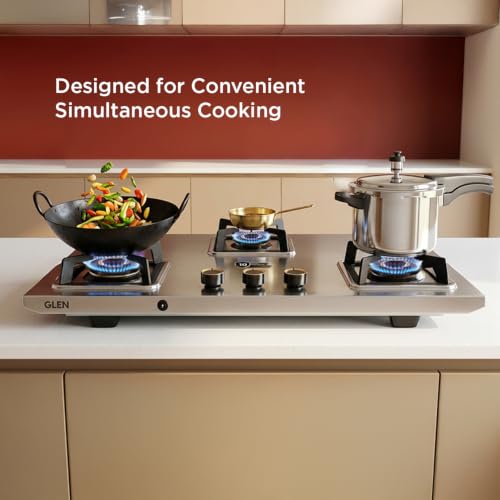 Image of Glen 3 Burner Stainless Steel LPG Gas Stove | Auto Ignition | 10 Year Warranty on Burners & Gas Valve | 1 Jumbo Forged Brass Burner | Ultra Tuff Body | 360 Revolving Inlet Nozzle | 1053UTTNDTSSAI