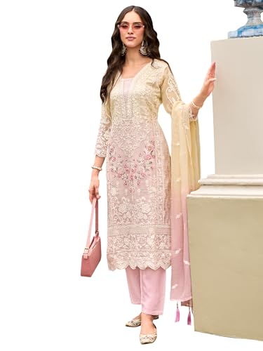 Image of INDO ERA Womens Organza Embroidered Straight Kurta Pant Dupatta Set (IEOUT10602)