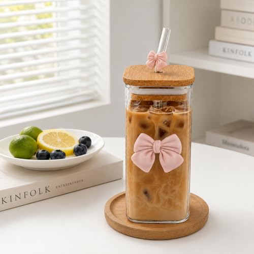 Image of FUNKYFINDS 1 Set Coquette Pink Bow Glass Cup with Bamboo Lid and Bow Straw for Women, Coquette Drinking Tumbler Bow Square Cup for Girlfriend Besties Women Bithday Gifts, Party Favors