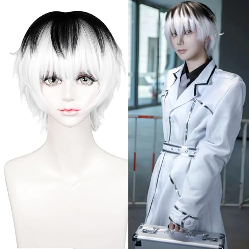 Image of LABEAUTE Unisex Short White & Black Cosplay Wig Male Man Woman Anime Fluffy Cosplay Hair Wigs for Halloween Party + Free Cap