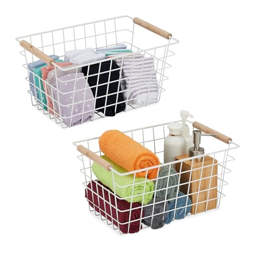 Relaxdays Cestas Metálicas de Rejilla, Set de 2, Asas de Madera, 16x31x21 cm, Cuadradas, para Baño y Cocina, Blanco
