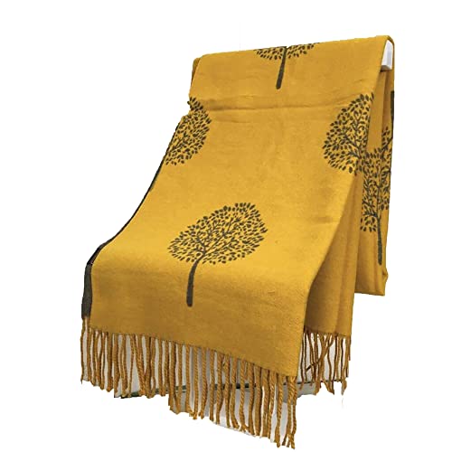 Claudia & Jason Écharpe d'hiver en pashmina réversible Motif arbre de vie, moutarde, 180*90 cm Cover