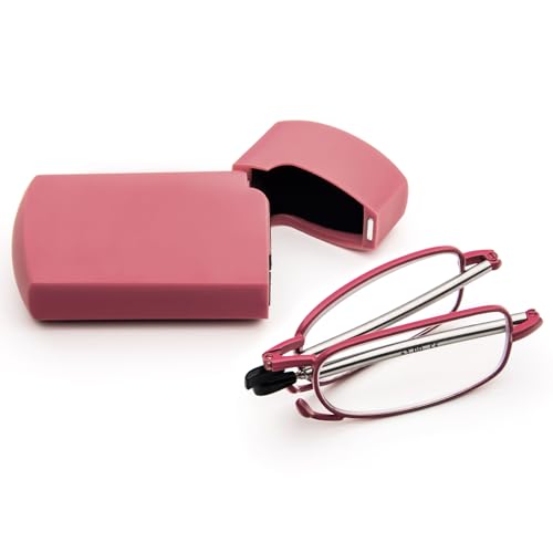 KoKoBin Gafas de lectura plegables de acero inoxidable mini antitendón azul para hombre y mujer con funda rígida (rosa, +1,5)