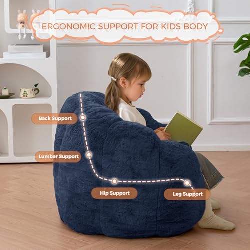 Image of MAXYOYO Kids Bean Bag Chair, Floral Shaped Bean Bag Sofa, Plush Faux Fur Toddler Couch with Petal Backrest for Boys Girls, Stuffed Cozy Sofa for Nursery, Bedroom, Navy