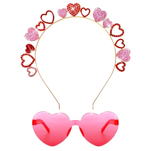 YARIEW 女性用バレンタインデーヘッドバンド ハートヘッドバンドとピンクハートメガネ ラインストーンヘッドバンド 女性用 バレンタインデー デコレーション ファッションヘッドバンド パーティーメガネ ヘアアクセサリー