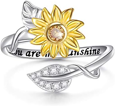 Sterling Silver You are My Sunshine Sunflower CZ Heart Ring Adjustable Size 8