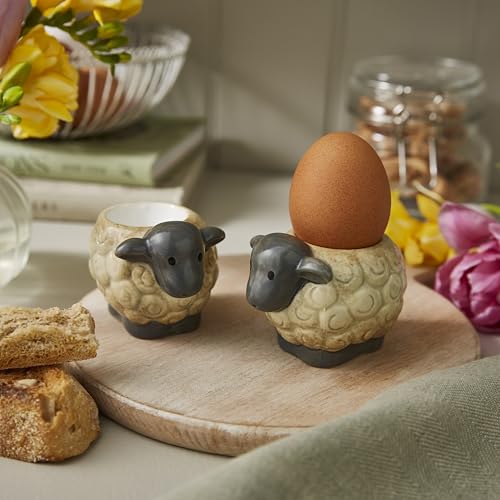 Cooksmart Highland Sheep Eierbecher Set mit 2 Stück, Britisches Design, Steingut, rustikaler Schaf- und Naturdruck, Frühstücksgeschirr im Bauernhaus-Stil, langlebiges und dekoratives Küchenzubehör – Bild 4