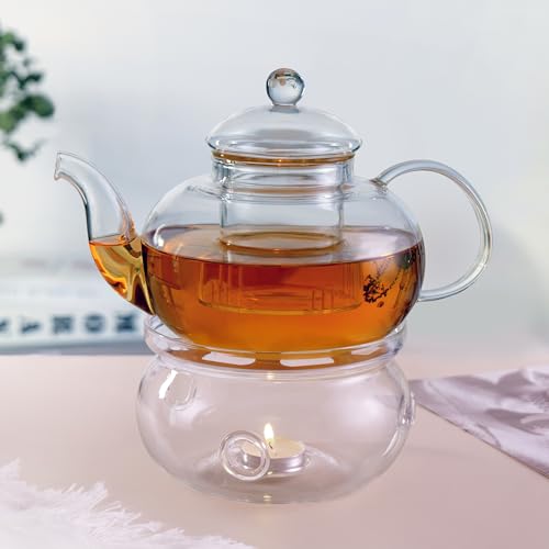 CnGlass Tetera de vidrio de 1000ml con infusor extraíble, hervidor de té seguro para estufa con calentador de té de vidrio de 13,5cm de diámetro