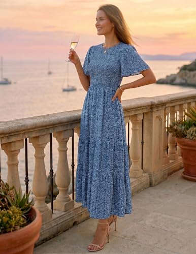 Image of ZESICA Women's 2026 Summer Boho Floral Maxi Dresses Casual Short Flutter Sleeve Smocked Tiered Flowy Dress