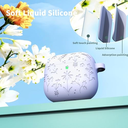 Image of New Engraved Soft Silicone Case Compatible with Apple AirPods 4 Generation (2024) with Keychain, Full 360 Protection Dust-Proof Shockproof Case Cover (Cover Only) (Lavender)