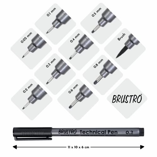 Image of Brustro Technical Pen Black (Set of 6) with Brustro Ultra Smooth Bristol 250 GSM A4 - (Pack of 12 Sheets)