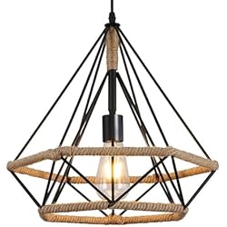 Lampara Cuerda Negra Riserva Lámpara Colgante Vintage de Metal, Industriales Cuerda de Cáñamo Lámpara de Techo Colgante, Iluminación de Techo de Interior para Loft, Salón, Comedor, Café, E27, 25cm, Negro (25x25CM)