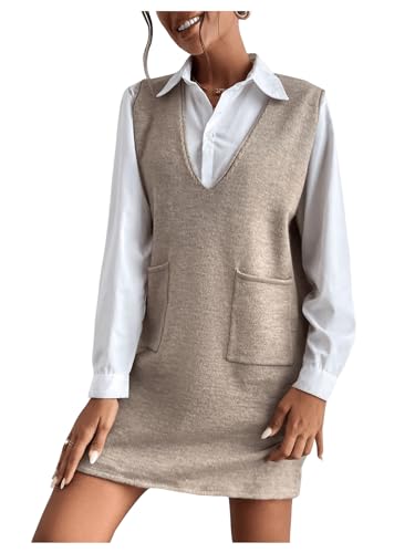 GORGLITTER Women's Sleeveless V Neck Short Sweater Dress Dual Pocket Straight Dresses4