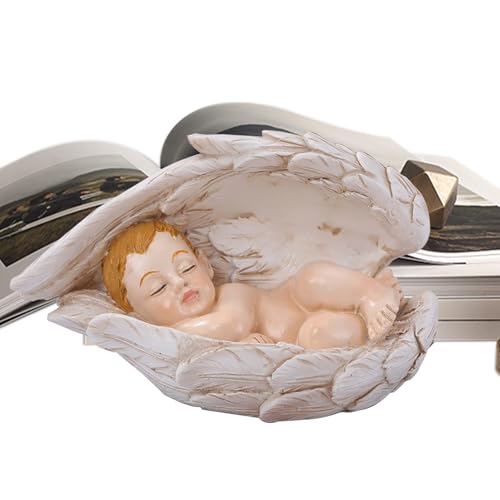 Figuras del Nacimiento | Decoración Religiosa Escultórica - Niño Durmiendo en Alas de Ángel de Resina para Vitrina Escritorio Mesilla Estantería Alfeizar
