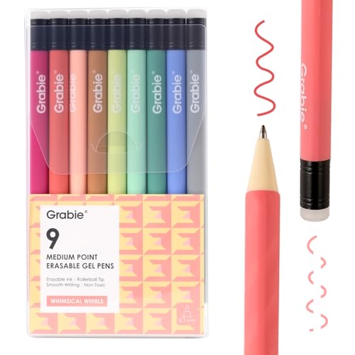 Image of Grabie Erasable Gel Pens, Medium Point 0.7 mm Erasable Pens, Make Mistakes Disappear for Drawing Writing Planner, Pack of 9 Assorted Colors(Whimsical Whirls)