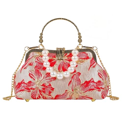 Image of Pearl Evening Bag for Women Lily Pattern Vintage Embroidered Floral Clutch Purse Evening Handbag Shoulder Crossbody Bags