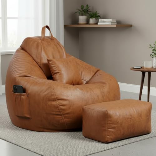 Image of KAM'S LIEU 5XL Premium Imported Suede Bean Bag Chair with Footrest & Cushion | Filled with High Density Polystyrene Beans | Premium Soft Fabric | Ready to Use Color- (TAN, 5XL)
