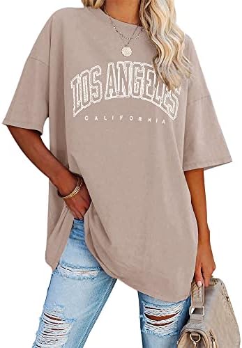 Ebifin Damen T Shirt Rundhals Oversize Vintage Oberteile | Los Angeles,Longshirt,Tunika,Sommer,Sport T Shirt,Basic,Baumwolle Top,Lang,Bluse