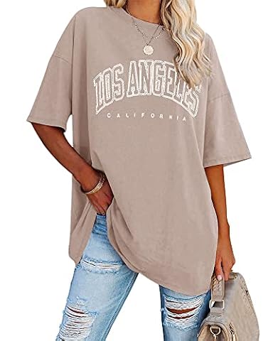 Ebifin - Damska bluzka oversize, z krótkim rękawem, z okrągłym dekoltem, w stylu vintage z napisem “Los Angeles”, casualowa, odpowiednia jako podstawowa odzież na lato, khaki, XXL