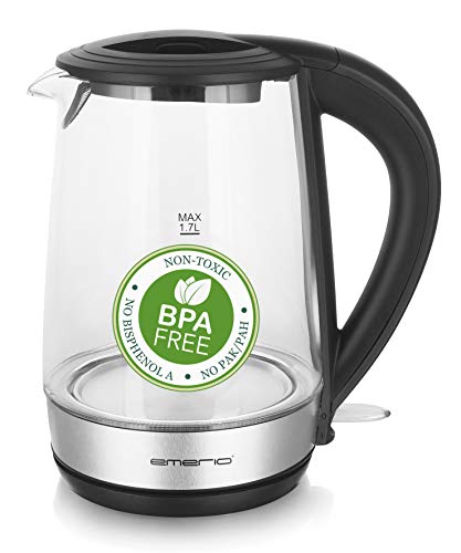 Glas Wasserkocher 1.7L, BPA frei, aus bestem Borosilikatglas, 2200 Watt, schöne blaue LED Innenbeleuchtung, Auto Off, Überhitzungsschutz, mit hochwertigem Edelstahl abgedecktes Heizelement, formschön