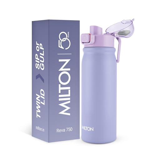 MILTON Reva 750 ISI Certified Stainless Steel Water Bottle with Twin Lid Sip or Gulp, 750ml | Single Wall, BPA-Free, Leakproof | Sturdy Handle | Ideal for Home, Office, Gym & Travel, Purple