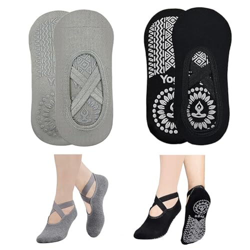 MaoXinTek Calcetines Yoga para Mujer 2 Pair Antideslizantes Algodón Pilates Calcetines con Correas para Danza Ballet Fitness Negro+Gris