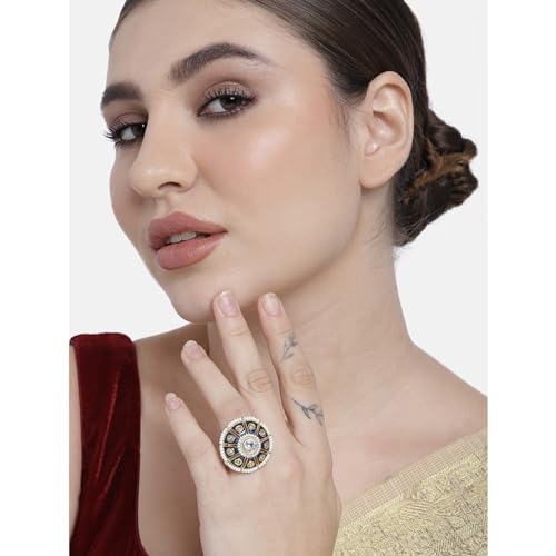 Peora Traditional 18K Gold Plated Original Meena Work Kundan Pearl Adjustable Ring for Women Girls - Image 5