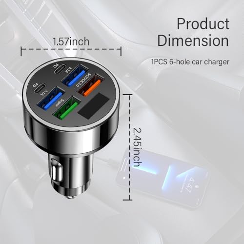 Car Charger USB C with LED Voltage Display,6 Ports PD and QC3.0 Car Cigarette Lighter Adapter for Phone Tablets Fans,Universal 12V/24V Cigarette Lighter USB Charger