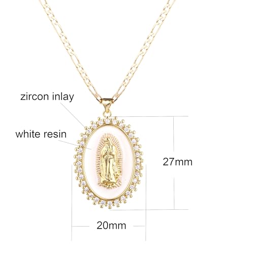 Gold Guadalupe Virgin Mary Necklace for Women Men Teens, 14K Gold Plated Oval Zircon Inlay Oil Drip Virgin Mary Pendant with Stainless Steel Figaro Chain Necklace2
