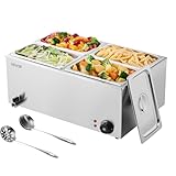 VEVOR Scaldavivande Commerciale a 4 Vaschette, Tavolo a Vapore Elettrico 15L, Bagnomaria Professionale da Banco Acciaio Inox da 1200W Controllo Temperatura 30-85°C per Catering e Ristoranti, Argento