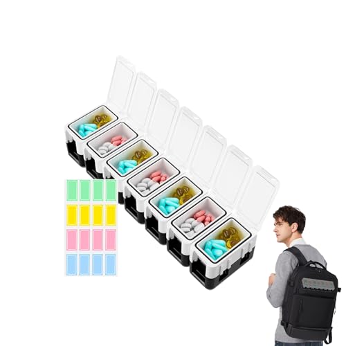 NevPuose Organizador de píldoras desmontable, caja de píldoras semanal, Contenedores de píldoras semanales para viajar, Dispisor de medicina antimoistura hermético con ranura para etiquetas para