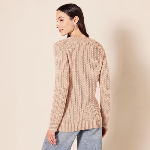 Image of Amazon Essentials Women's Regular Fit Soft Cotton Cable Knit Ribbed Crewneck Sweater (Available in Plus Size)