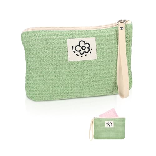 Image of Waffle Canvas Period Pouch First Period Kit Bag Small Discreet Menstrual Cup Pad Pouch Cute Sanitary Napkin Storage Bag Tampon Holder Multi-purpose Feminine Bag Green