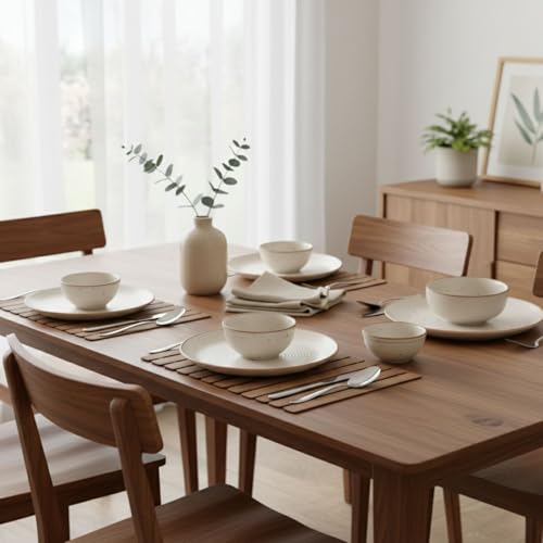 Image of Freakway Handcrafted Stoneware Dinner Set - 9 Piece Ceramic Dinnerware Set for 4 People (Off White) inch4 Dinner Plates +4 Bowls+1 Large Serving Bowls
