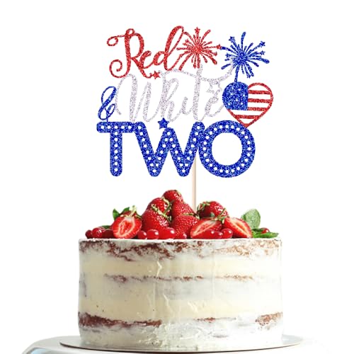 Dxsdgetue Red White and Two Cake Topper, 4th of July 2nd Birthday Cake Topper Decorations,Patriotic Independence Day Themed 2nd Birthday Decorations,American National Day Party Supplies
