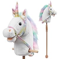 HollyHOME Unicorn Stick Horse with Wood Wheels Real Pony Neighing and Galloping Sounds Unicorn Hobby Horse with Rainbow Glitter Bridle, White 36 Inches(AA Batteries Required)