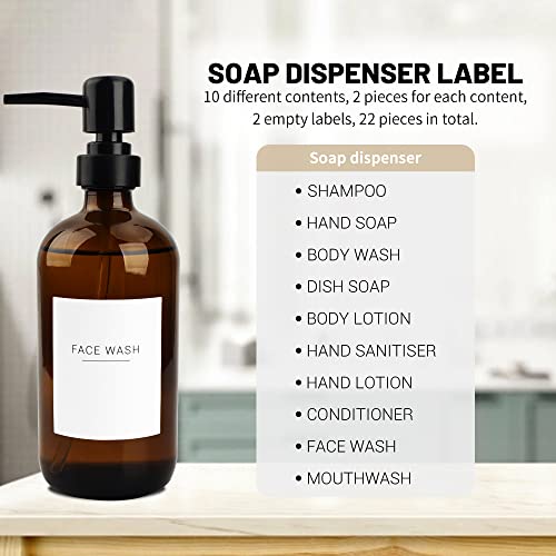 Ezebesta Set of 3 Amber Glass 500ml Soap Dispensers with 22 White Labels Bathroom Liquid Bottle Container with Black Pump