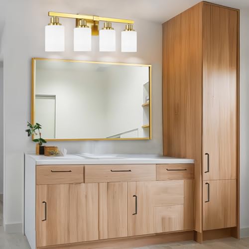 Image of 4-Light Gold Vanity Light Modern Bathroom Light Over Mirror 24in | White Frosted Ribbed Glass Shade Modern Bathroom Light Fixtures Bath Wall Mount Lights Wall Lamp for Mirror E26 Base