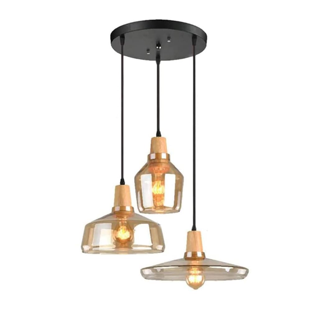 Lámpara colgante de 3 luces, lámpara de techo E26 de cristal ámbar nórdico, montaje empotrado para comedor sobre mesa, iluminación de vestíbulo de madera, luces colgantes para iluminación de isla de