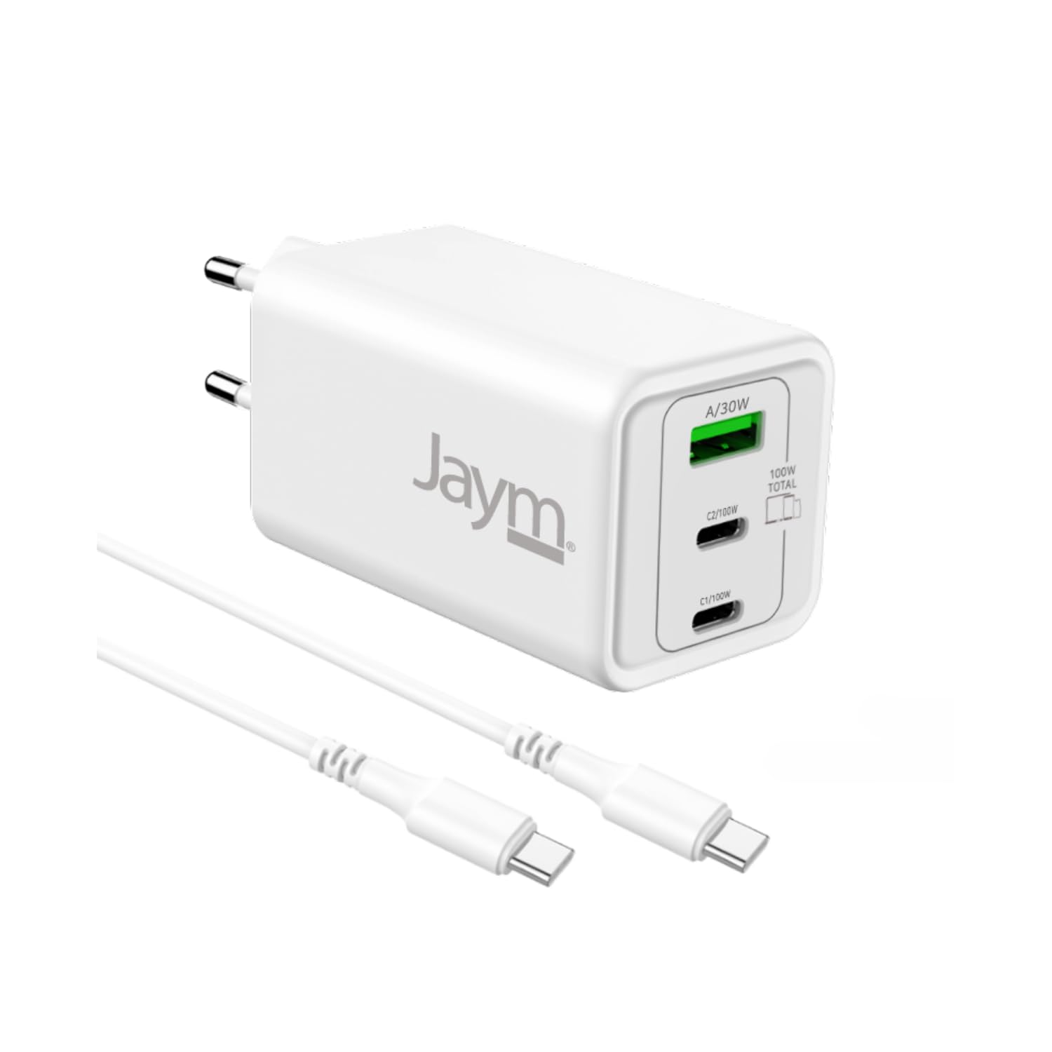 JAYM® GaN - Set di caricabatterie da 100 W + cavo USB-C da 2 m a 3 porte (2 USB-C, 1 USB-A), ricarica rapida PD per MacBook Pro, PC portatile, iPad Pro M4, iPhone 17/16, Samsung S26/S25