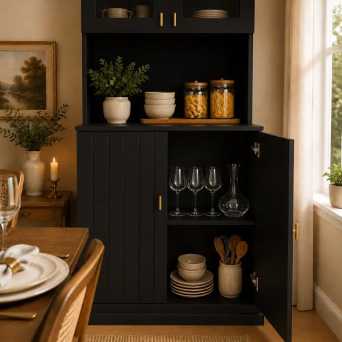 Image of ivaniti 71 inch Arched Kitchen Pantry Cabinet Set of 3, Black Freestanding Storage Hutch Combination with 2 Glass-Door Coffee Bar Cabinets and 1 Three-Drawer Open Shelf Cabinet for Kitchen