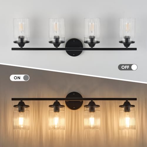 Image of Jonsi Black Bathroom Light Fixtures 4-Light Vanity Lights Modern Wall Sconce with Clear Glass Shade Bathroom Light Fixture Over Mirror for Bedroom Hallway Kitchen