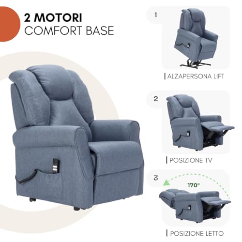 POLTRONE ITALIA Angela 2 Motoren PERSONALISIERTEN fernsehsessel mit aufstehhilfe elektrisch Medizinisches Gerät Trolley-Räder Flauschige Mikrofedersitz schmutzabweisend Blau Denim – Bild 5
