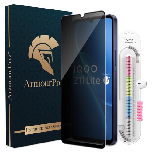 Image of ArmourPro Privacy Tempered Glass for IQOO Z11 Lite, Anti Spy Anti Peeping Screen Protector, Edge-to-Edge Full Coverage, 9H Hardness with Cable Protector | Black