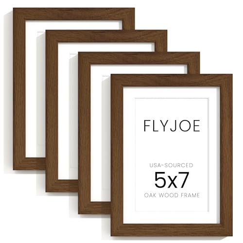 Image of FLYJOE 5x7 Oak Wood Picture Frame with Mat for 4x6, 5 by 7 USA-Sourced Natural Solid Wooden Photo Frame for Wall & Tabletop Display, Shatterproof Plexiglass, 4 Pack, Walnut Color