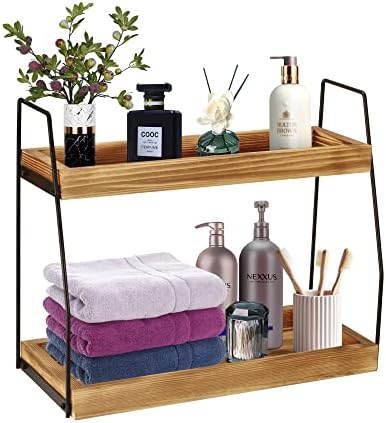 2 Tier Bathroom Organizer Countertop, Pine Wood Bathroom Sink Tray for Counter Storage Shelf, Vanity Tray for Perfume Lotion Cosmetic Hair Dryer, Standing Rack Spice Rack for Kitchen Counter (Brown)