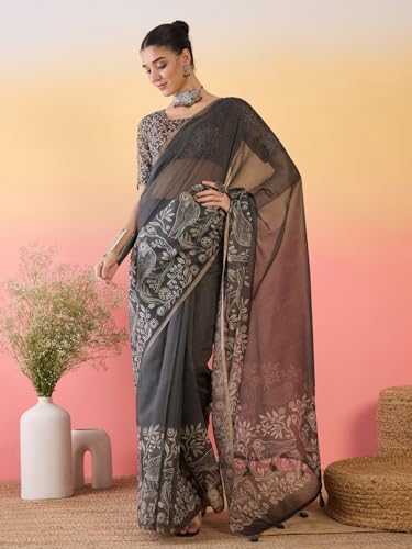 Image of AKHILAM Women's Cotton Printed Saree With Unstitched Blouse Piece
