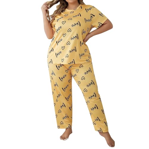 Women's Plus Size 2 Piece Set Printed Short Sleeve T Shirt And Pants Set Sets (Yellow, XXXL)