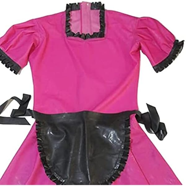 Latex kvinnor ros och svart hembiträde kostymer gummiklänning med förkläde skräddarsydd handgjord